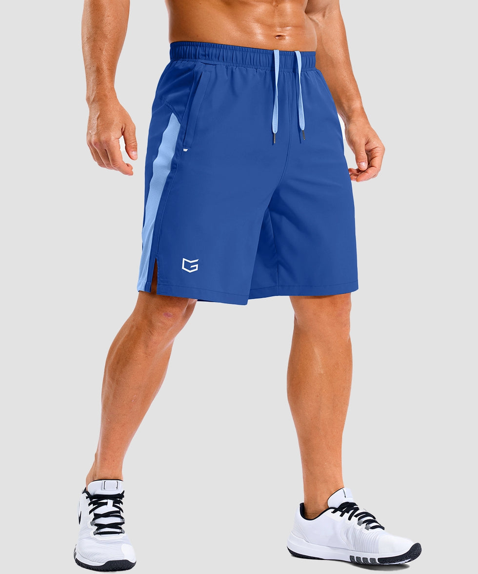 lightweight 9" pocketed athletic shorts in royal blue - on model front view