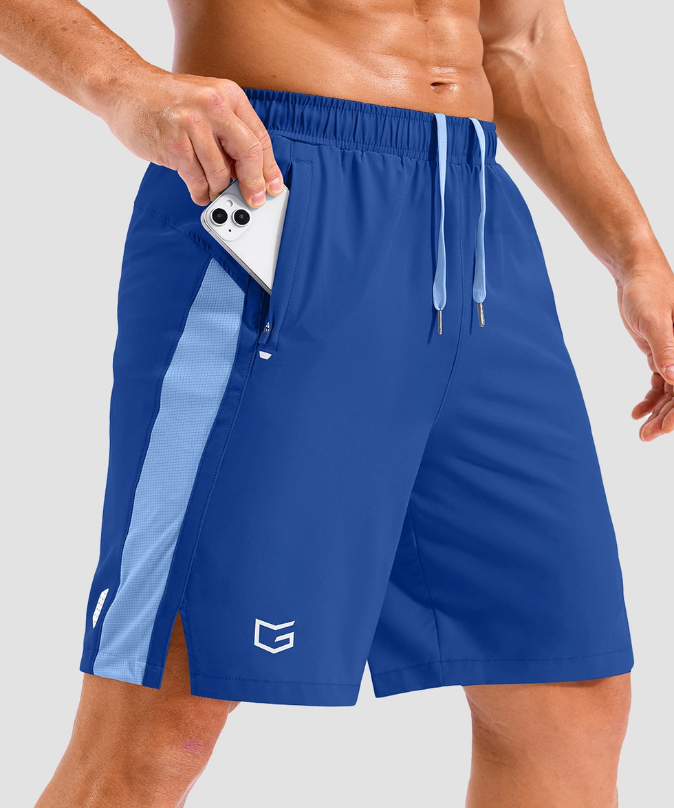 lightweight 9" pocketed athletic shorts in royal blue - pocket detail view