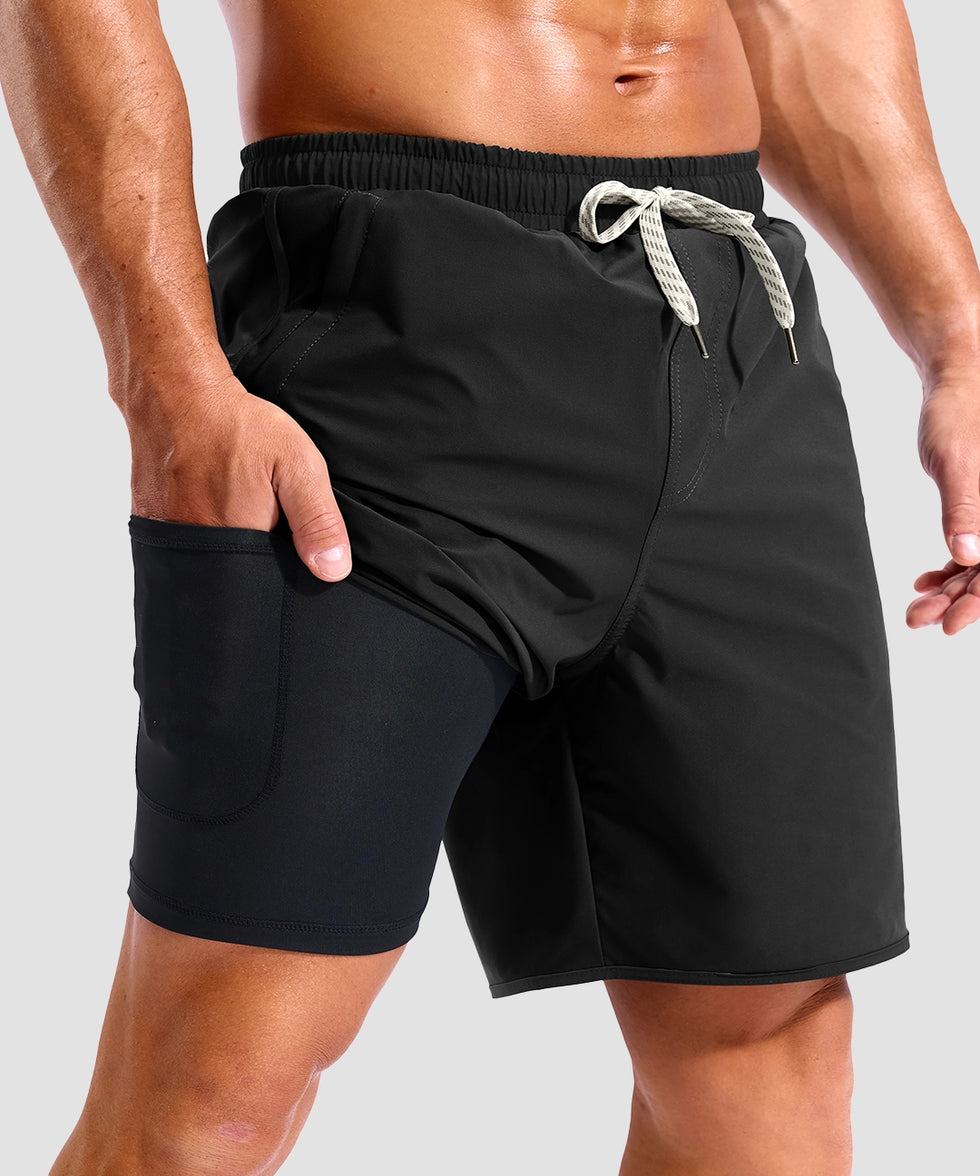 men's compression liner 4 pockets board short 7'' in black - pocket details view