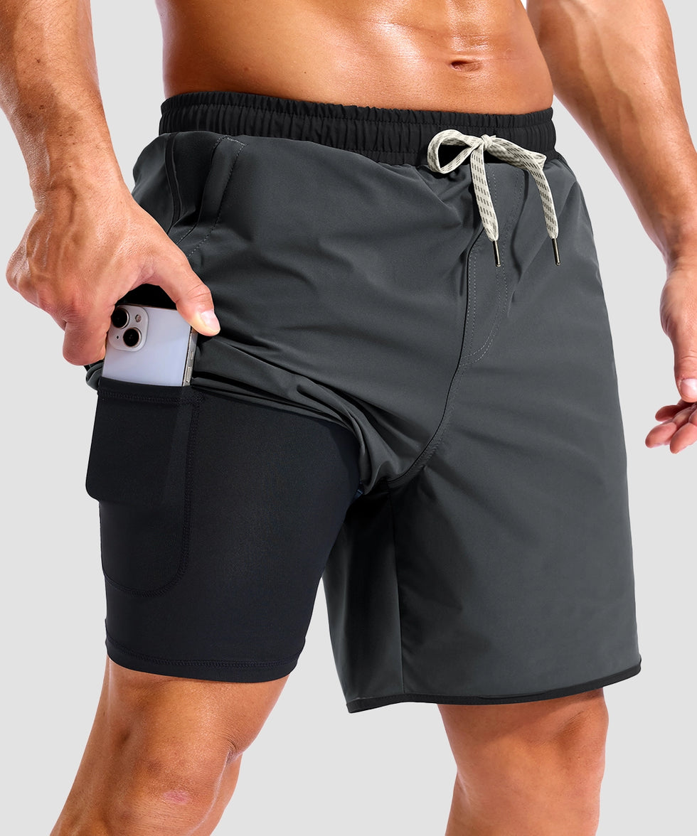 men's compression liner 4 pockets board short 7'' in dark gray - pocket details view