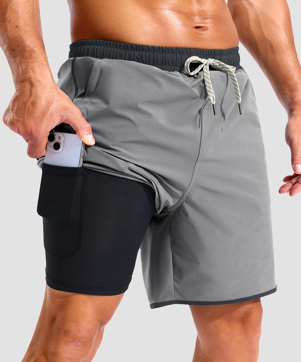 men's compression liner 4 pockets board short 7'' in light gray - pocket details view