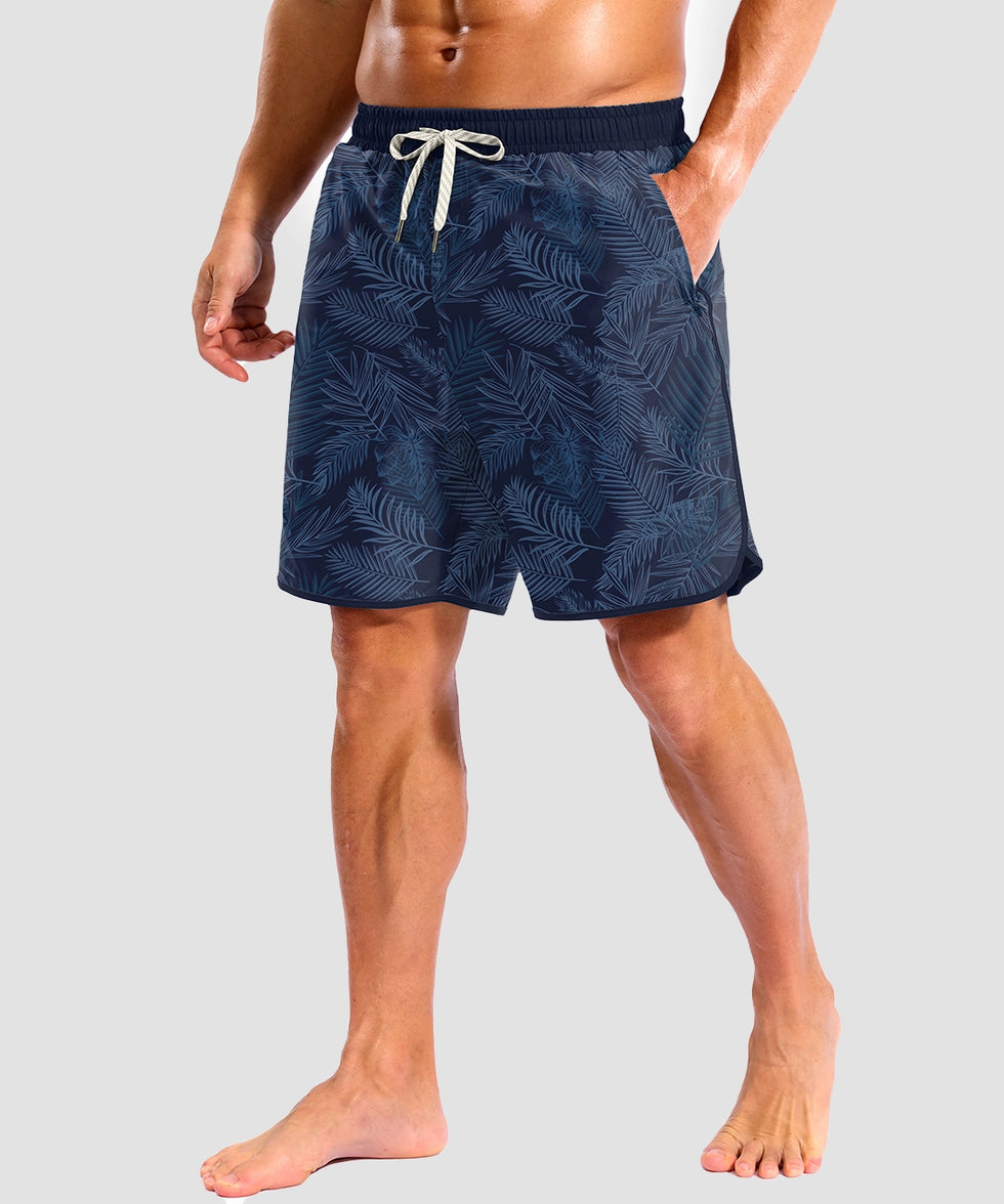 men's compression liner 4 pockets board short 7'' in navy leaf - front view