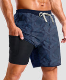 men's compression liner 4 pockets board short 7'' in navy leaf - pocket details view