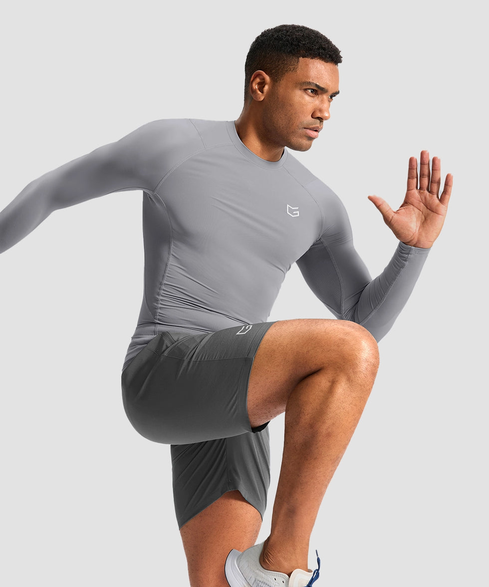 men's compression pullover long sleeve in light gray - side view