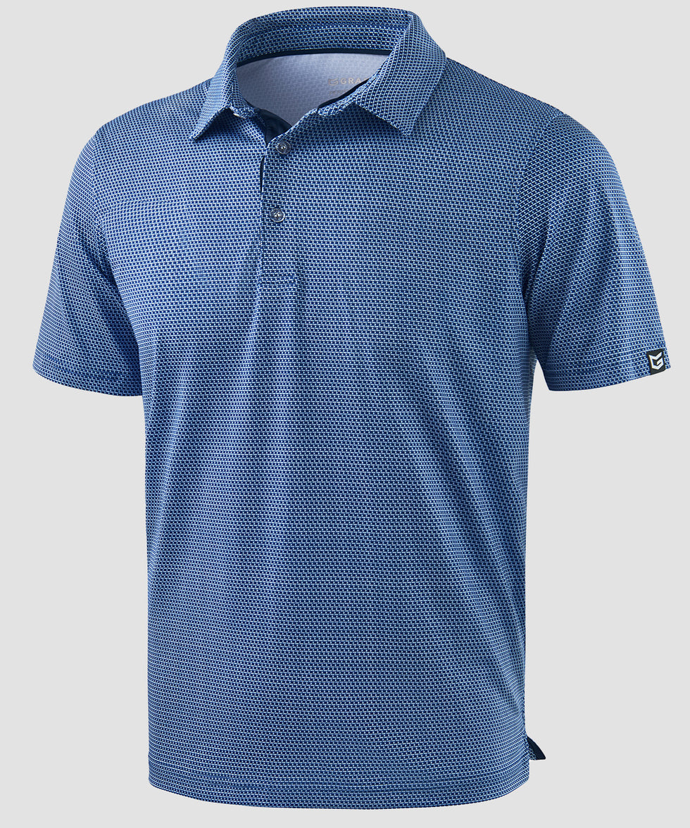 men's dry fit printed golf polo in blue white flag - fabric detail