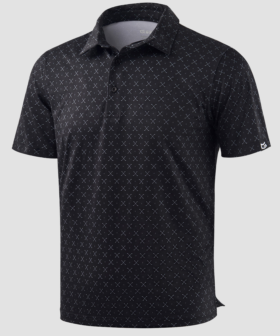 men's dry fit printed golf polo in golf clubs back - fabric detail