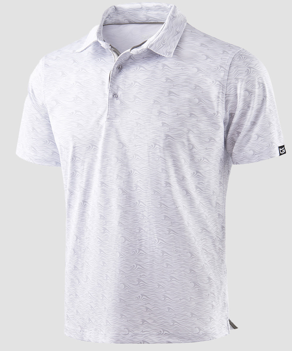 men's dry fit printed golf polo in gray sea wave - fabric detail