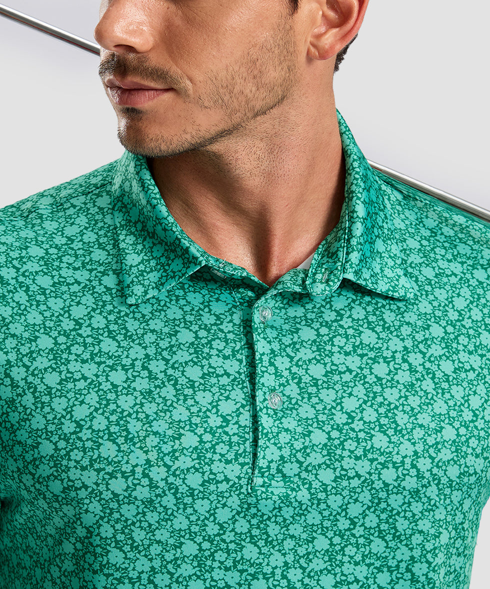 men's dry fit printed golf polo in green floral - collar detail