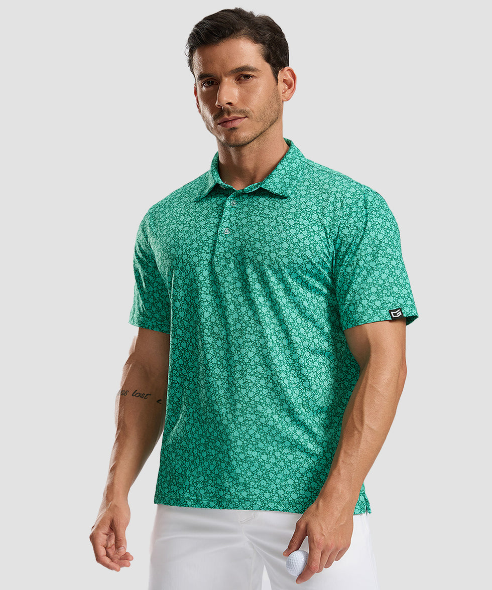 men's dry fit printed golf polo in green floral - front view