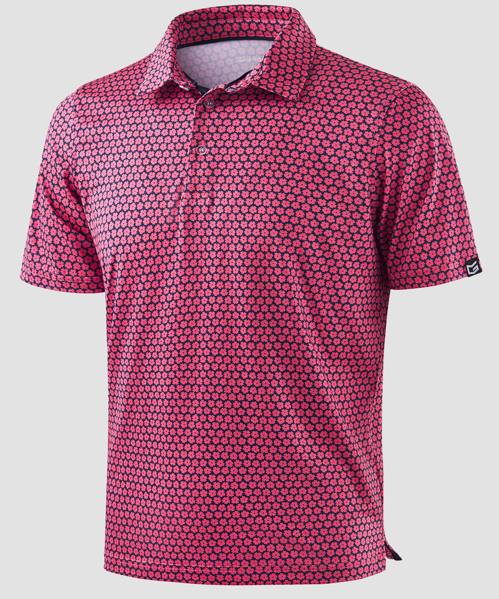 men's dry fit printed golf polo in pink floral - fabric detail