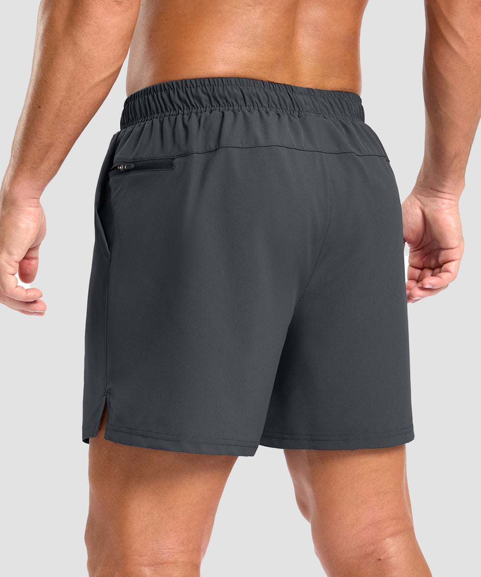 men's elastic waist split hem shorts 5'' in dark gray - back view