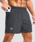 men's elastic waist split hem shorts 5'' in dark gray - pocket detail view