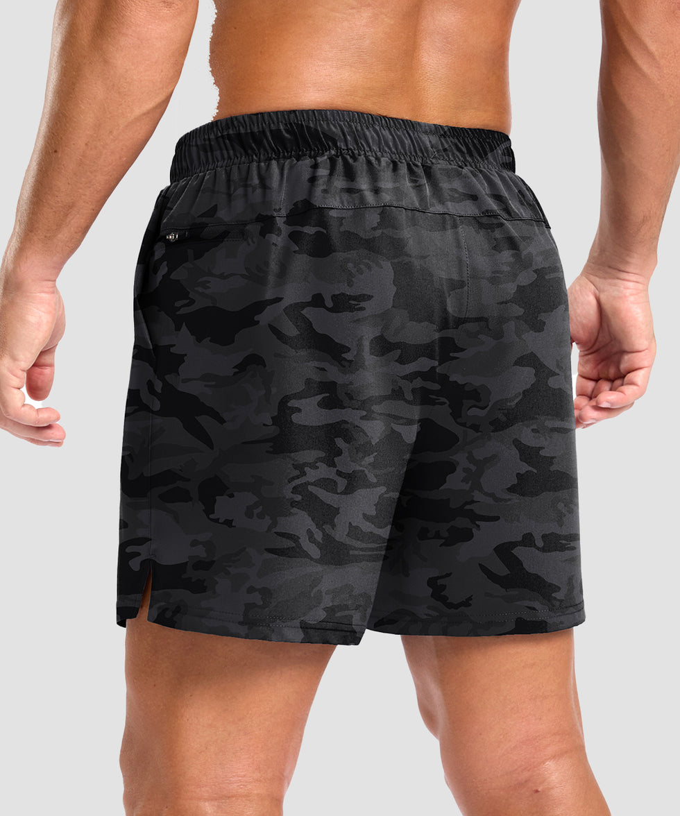 men's elastic waist split hem shorts 5'' in gray camo - back view