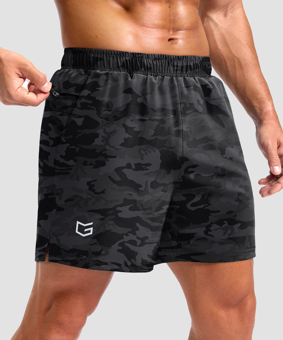men's elastic waist split hem shorts 5'' in gray camo - pocket detail view