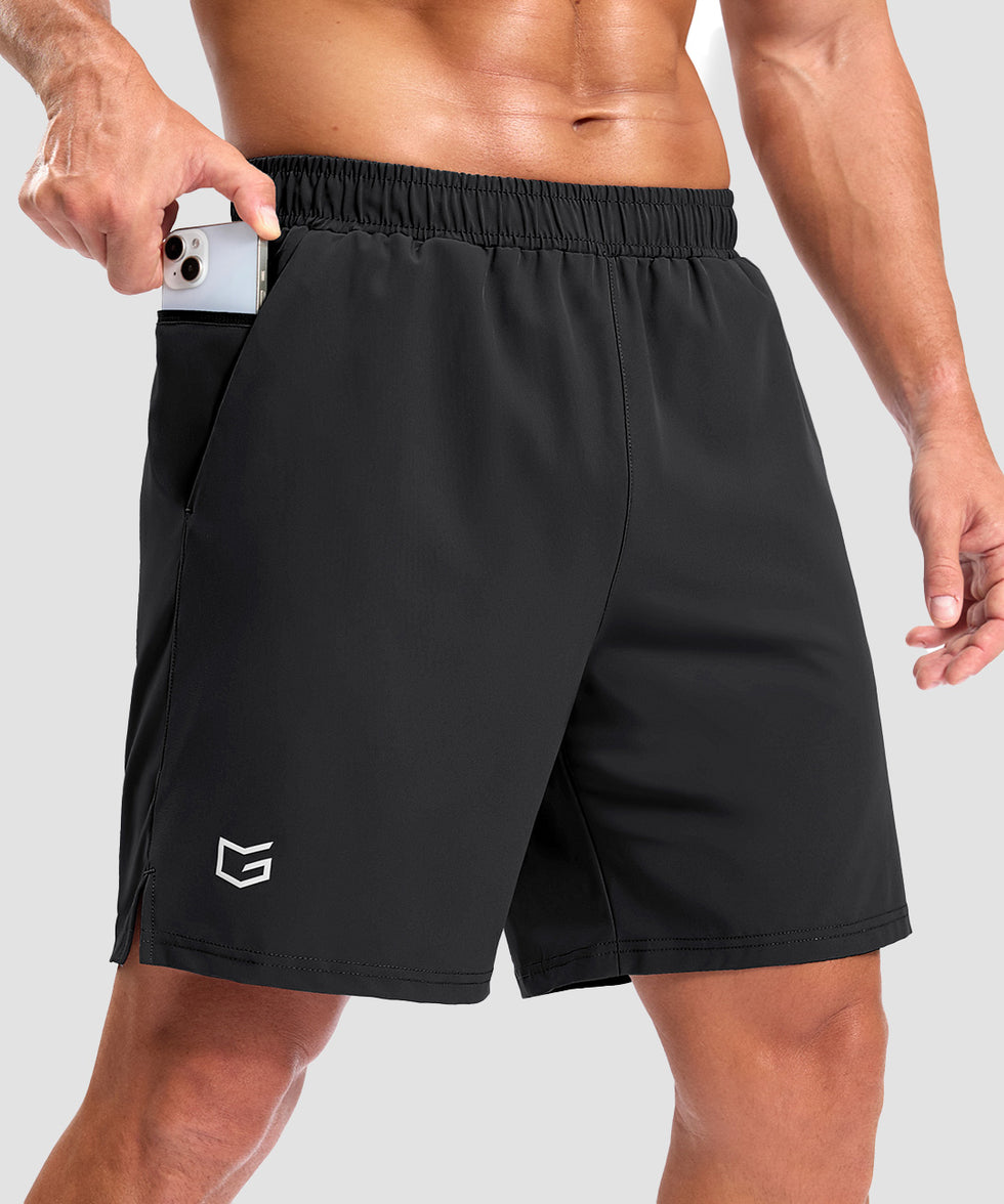 men's elastic waist split hem shorts 7'' in black - pocket detail view