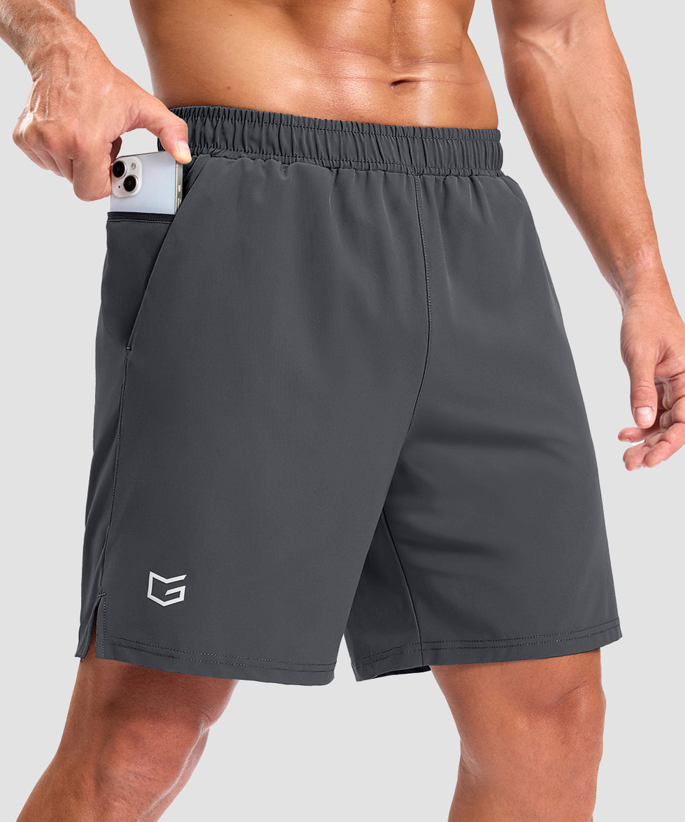 men's elastic waist split hem shorts 7'' in dark gray - pocket detail view