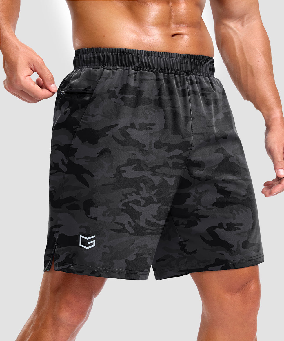 men's elastic waist split hem shorts 7'' in gray camo - pocket detail view
