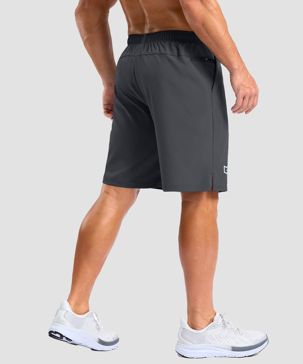 men's elastic waist split hem shorts 9'' in dark gray - back view