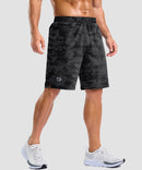 men's elastic waist split hem shorts 9'' in gray camo - front view