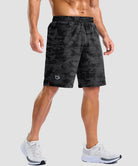 men's elastic waist split hem shorts 9'' in gray camo - front view