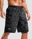 men's elastic waist split hem shorts 9'' in gray camo - pocket detail view