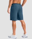 men's elastic waist split hem shorts 9'' in indigo blue - back view