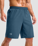 men's elastic waist split hem shorts 9'' in indigo blue - pocket detail view