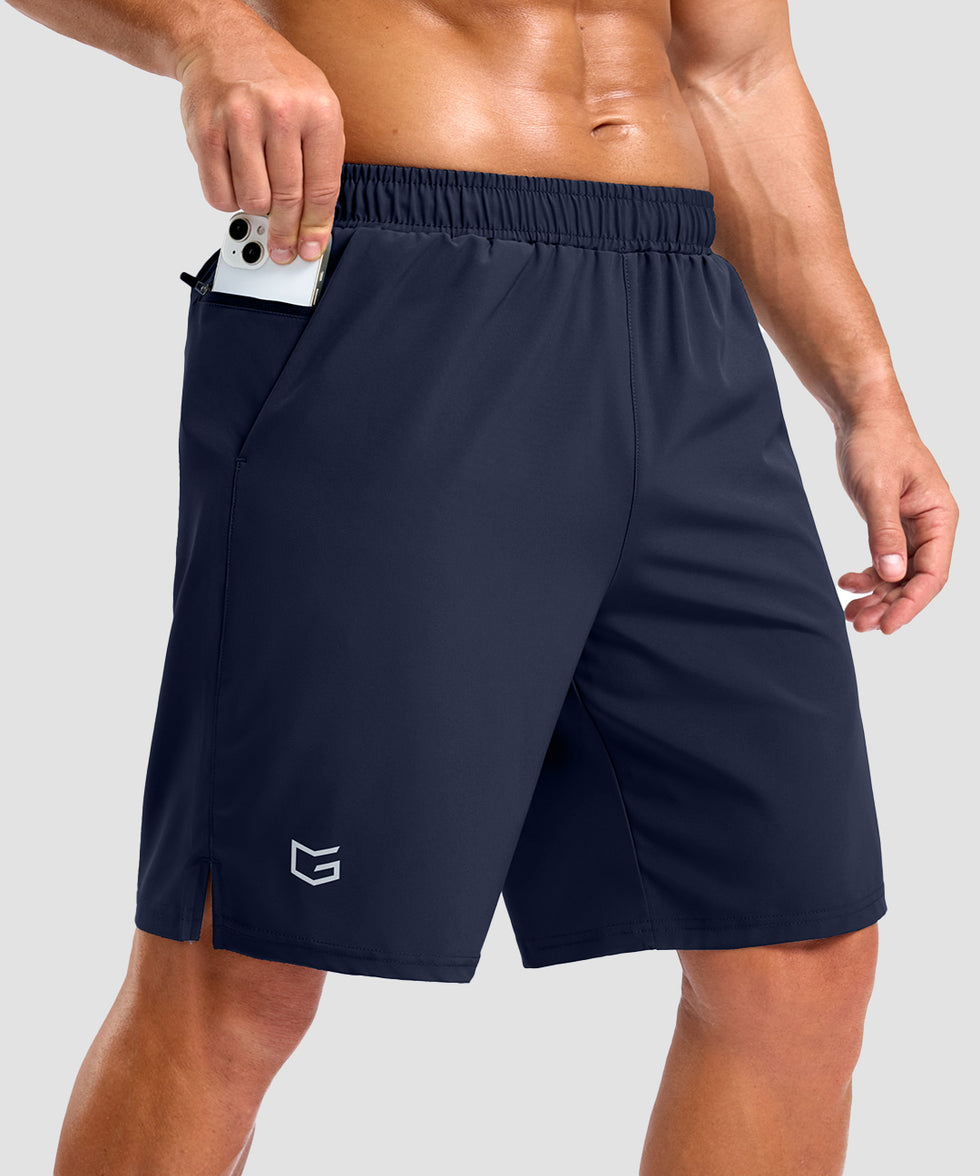 men's elastic waist split hem shorts 9'' in navy - pocket detail view