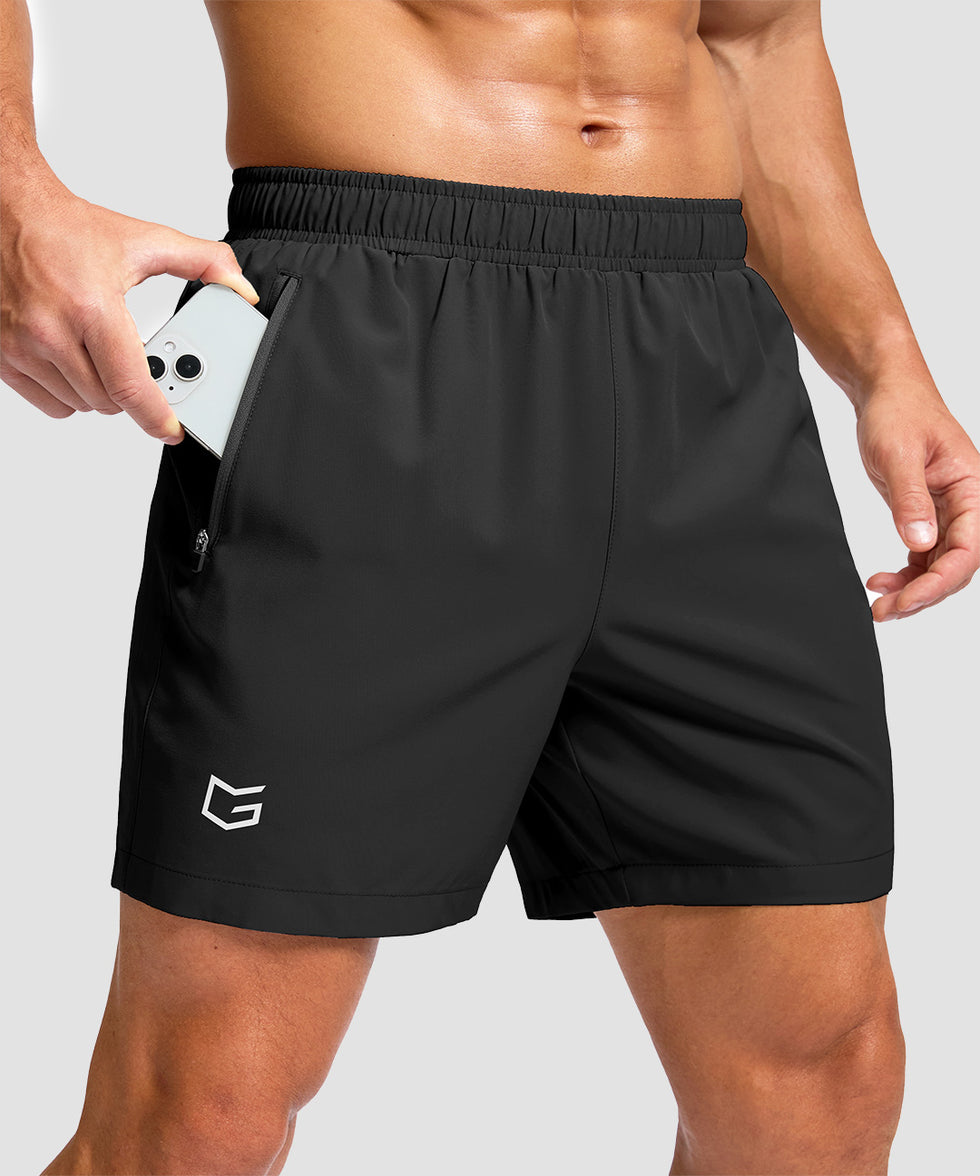 men's elastic waist zipper pockets short 5'' in black - zipper pocket detail view