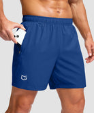 men's elastic waist zipper pockets short 5'' in blue - zipper pocket detail view