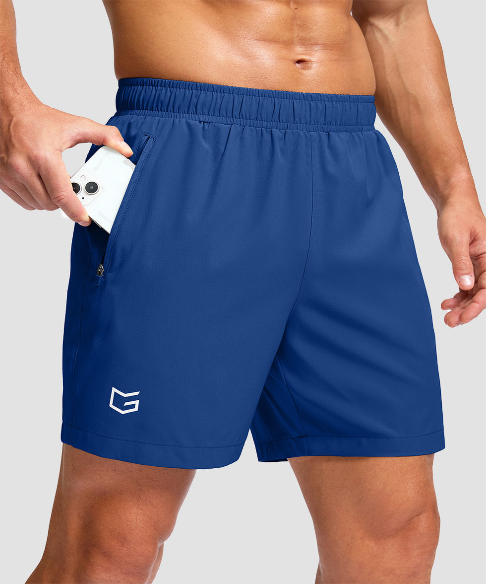 men's elastic waist zipper pockets short 5'' in blue - zipper pocket detail view