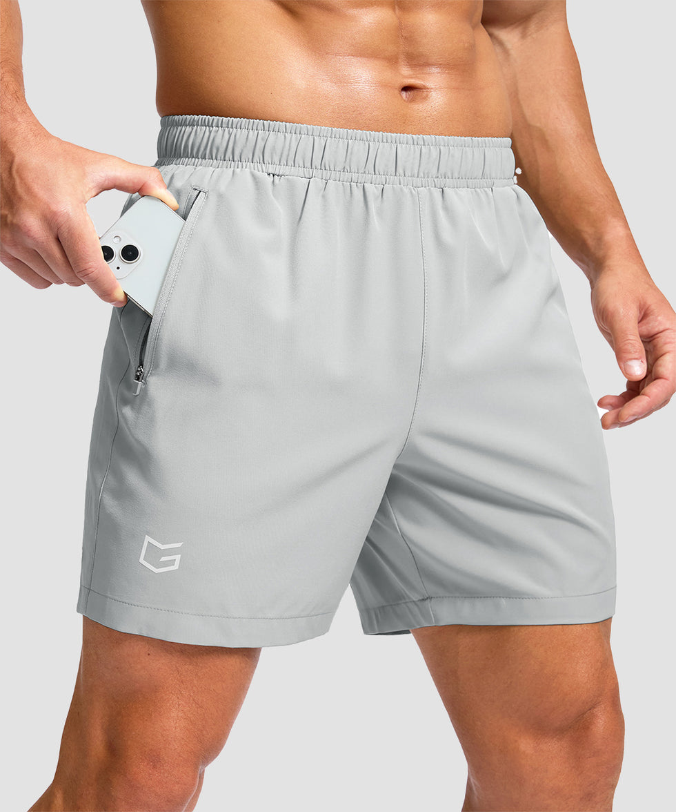 men's elastic waist zipper pockets short 5'' in bright gray - zipper pocket detail view