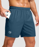 men's elastic waist zipper pockets short 5'' in dusty blue - zipper pocket detail view