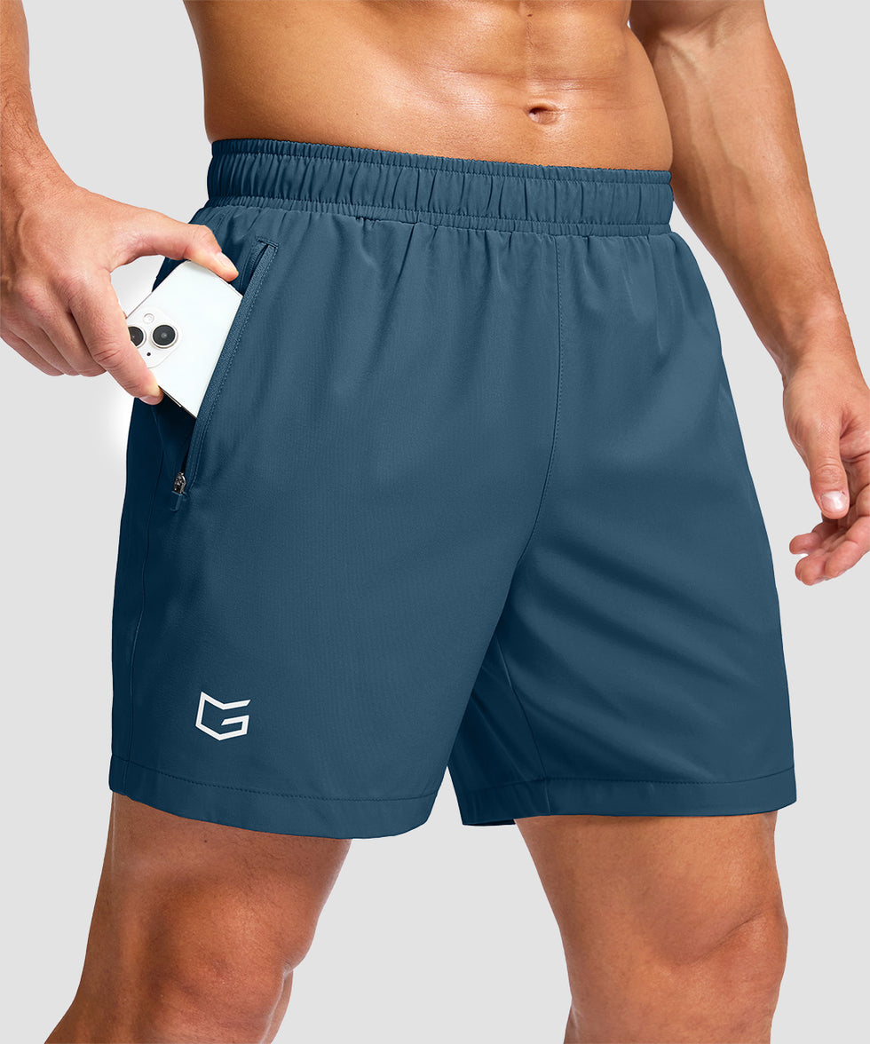 men's elastic waist zipper pockets short 5'' in dusty blue - zipper pocket detail view