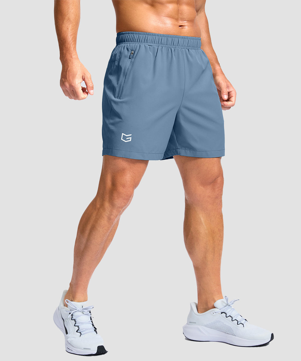 men's elastic waist zipper pockets short 5'' in gray blue - side view