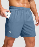 men's elastic waist zipper pockets short 5'' in gray blue - zipper pocket detail view
