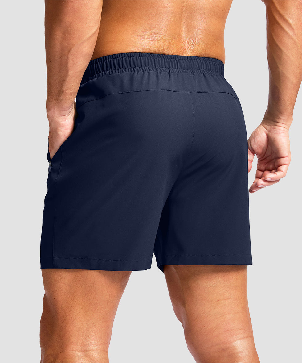men's elastic waist zipper pockets short 5'' in navy - back view