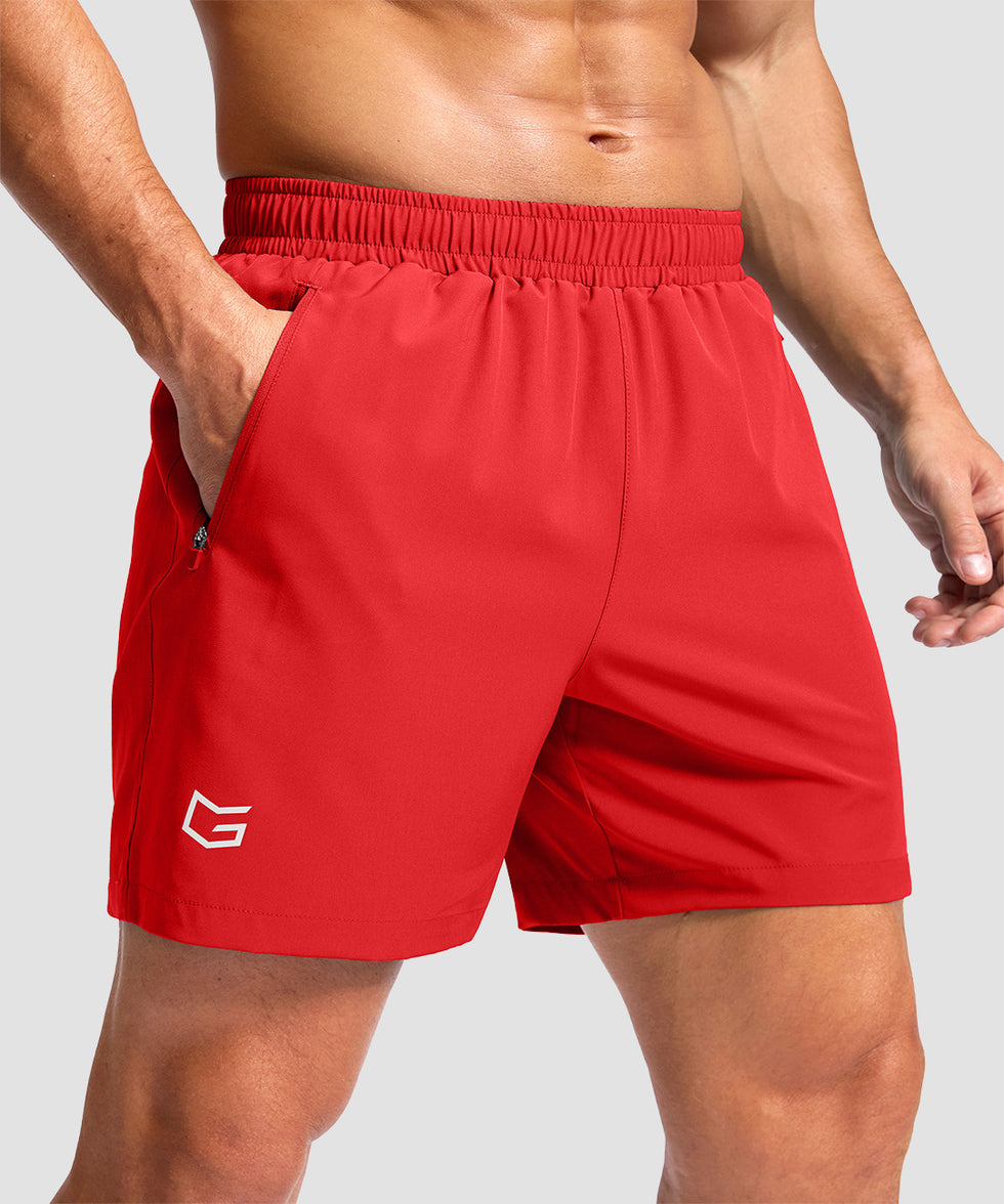 men's elastic waist zipper pockets short 5'' in red - zipper pocket detail view