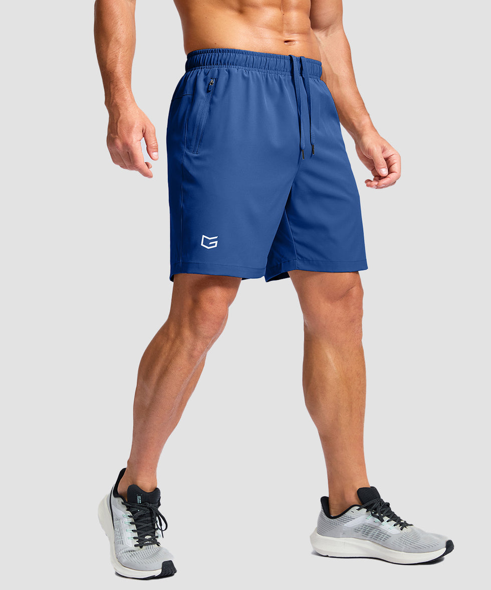 men's elastic waist zipper pockets short 7'' in blue - side view