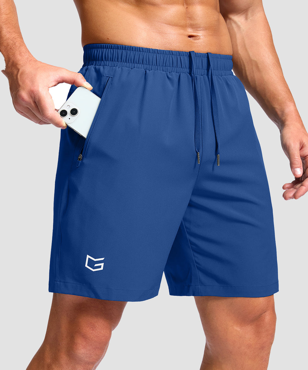 men's elastic waist zipper pockets short 7'' in blue - zipper pocket detail view