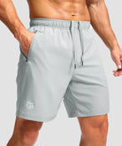 men's elastic waist zipper pockets short 7'' in bright gray - zipper pocket detail view