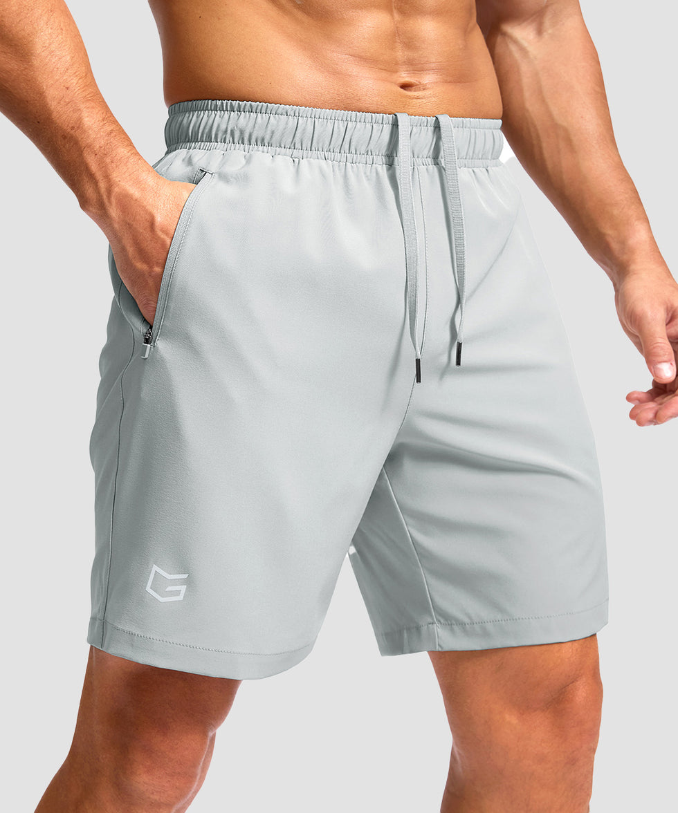men's elastic waist zipper pockets short 7'' in bright gray - zipper pocket detail view