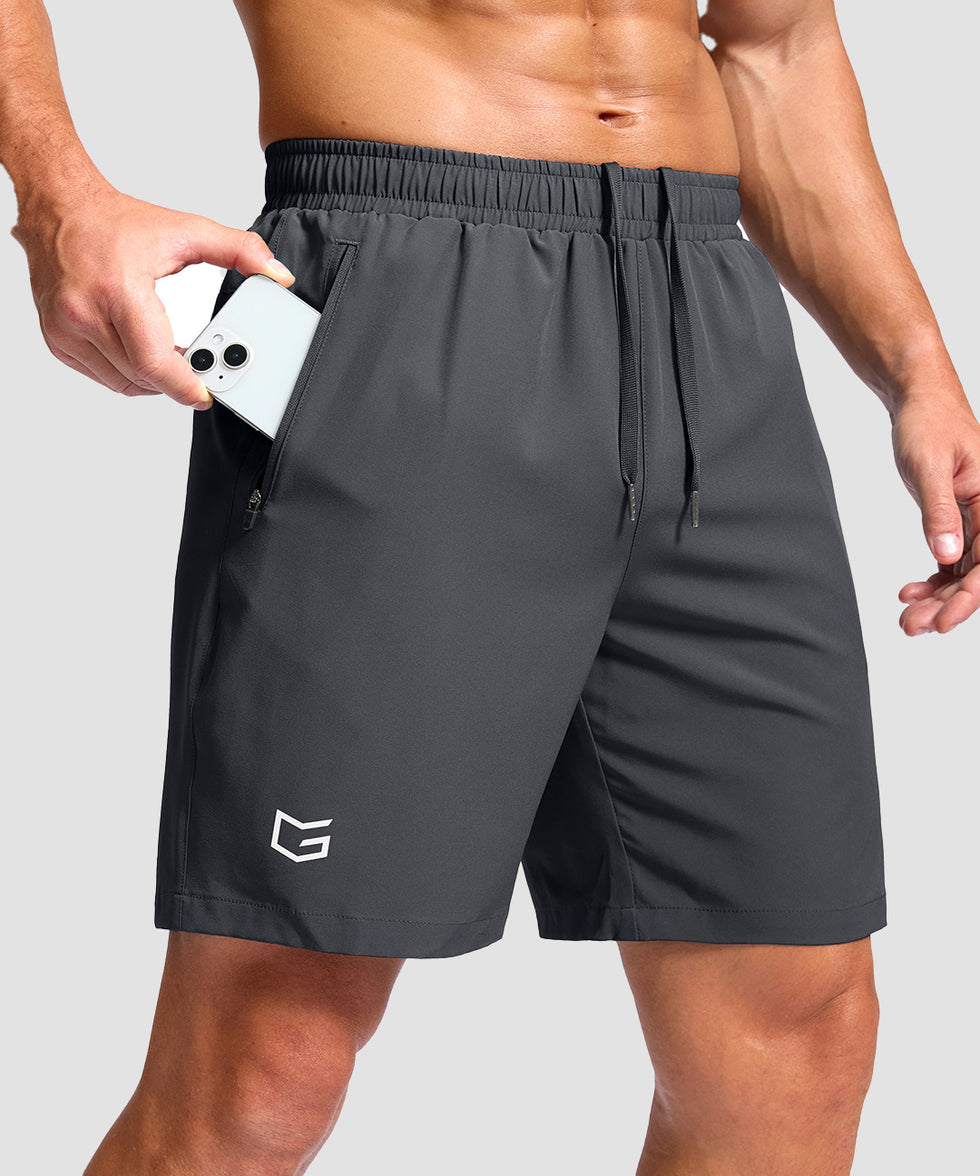 men's elastic waist zipper pockets short 7'' in dark gray - zipper pocket detail view