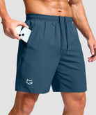 men's elastic waist zipper pockets short 7'' in dusty blue - zipper pocket detail view