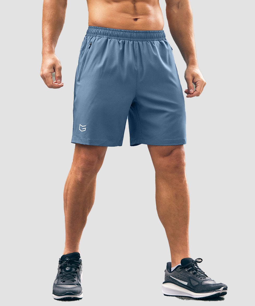 men's elastic waist zipper pockets short 7'' in gray blue - front view