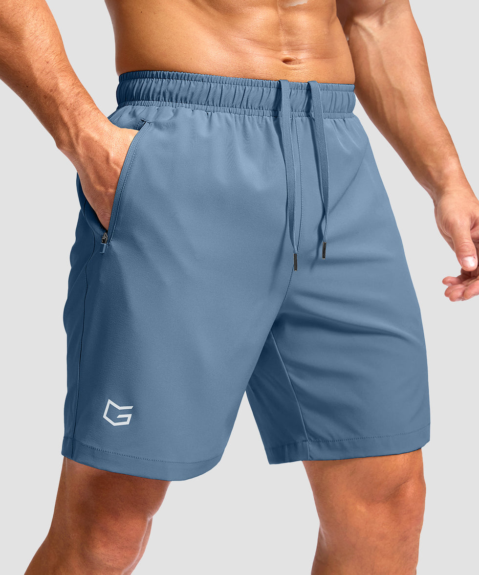 men's elastic waist zipper pockets short 7'' in gray blue - zipper pocket detail view