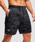 men's elastic waist zipper pockets short 7'' in gray camo - zipper pocket detail view