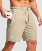 men's elastic waist zipper pockets short 7'' in light khaki - zipper pocket detail view