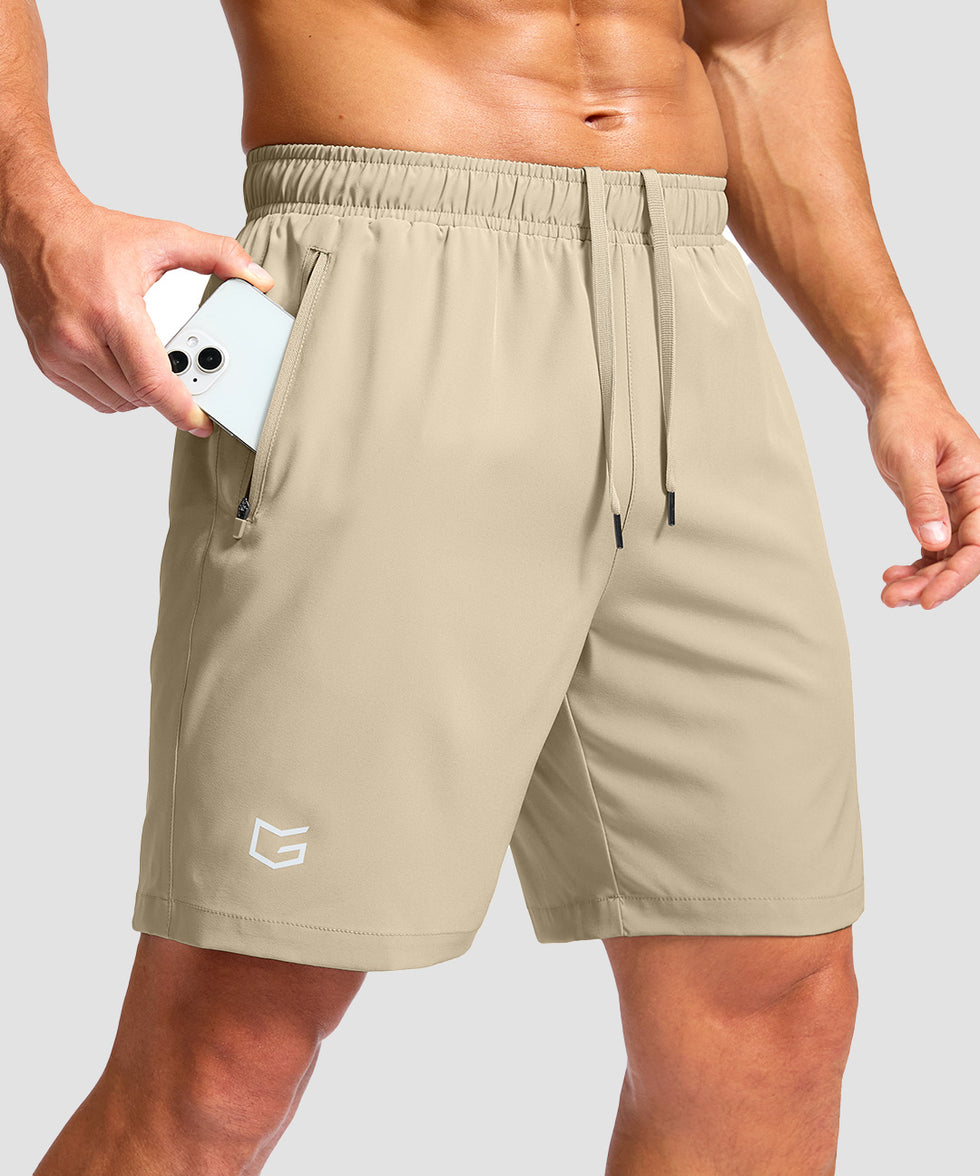 men's elastic waist zipper pockets short 7'' in light khaki - zipper pocket detail view