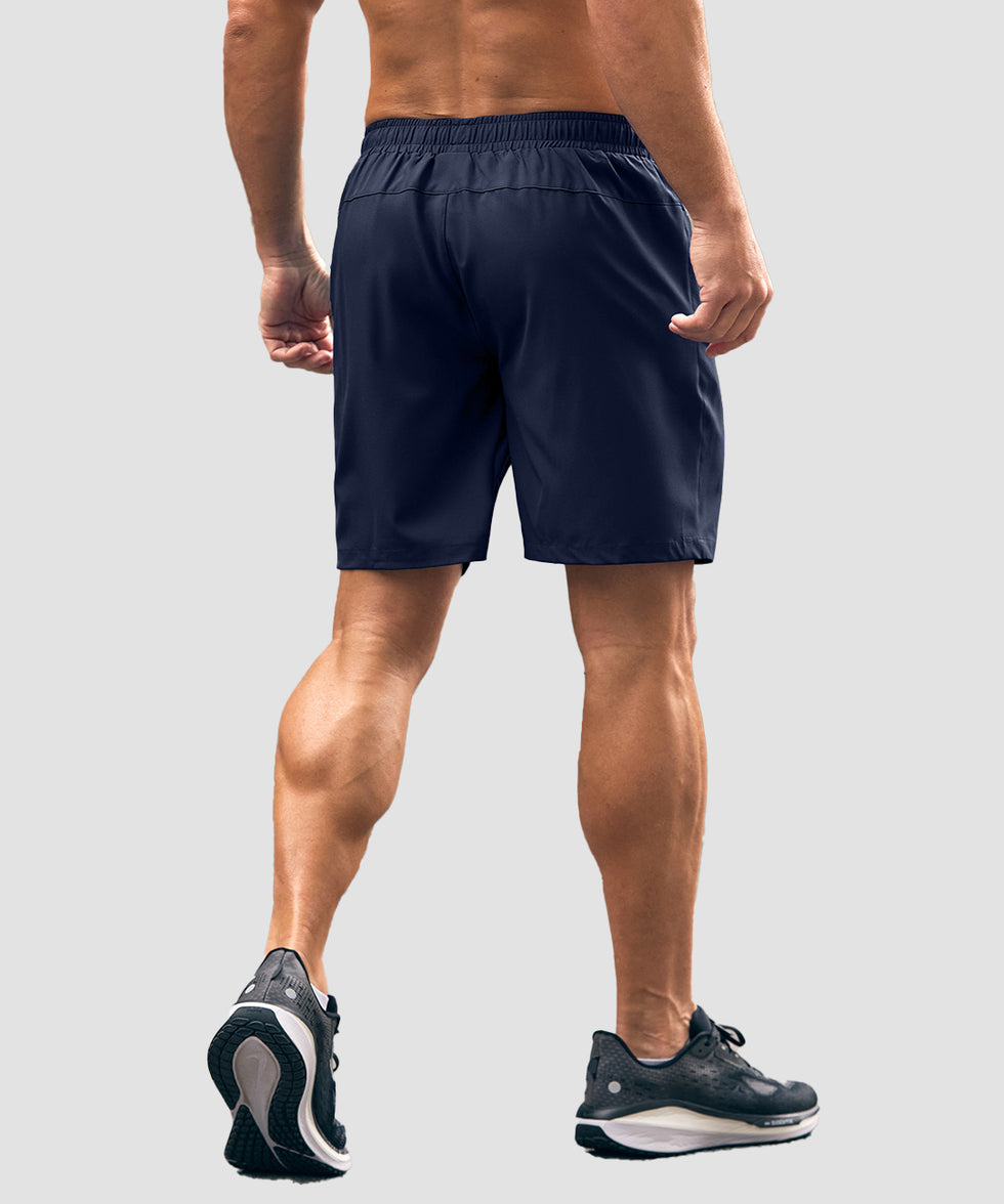 men's elastic waist zipper pockets short 7'' in navy - back view